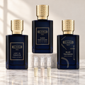 Ex Nihilo Extrait discovery set with Fleur Narcotique, Blue Talisman and Lust in Paradise bottles and three 2ml sample vials