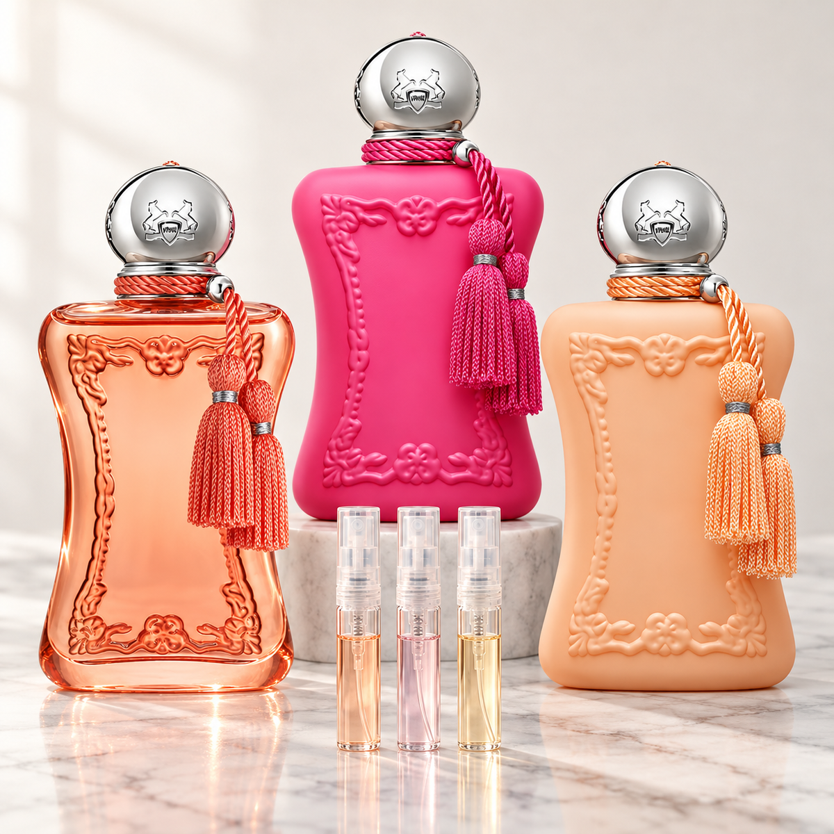 Parfums de Marly women's discovery set with Oriana, Athenais and Cassili bottles and three 2ml sample vials