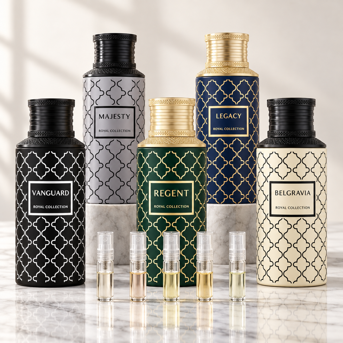 Maison Asrar Royal Collection discovery set with Majesty, Regent, Vanguard, Belgravia and Legacy bottles and five 2ml sample vials