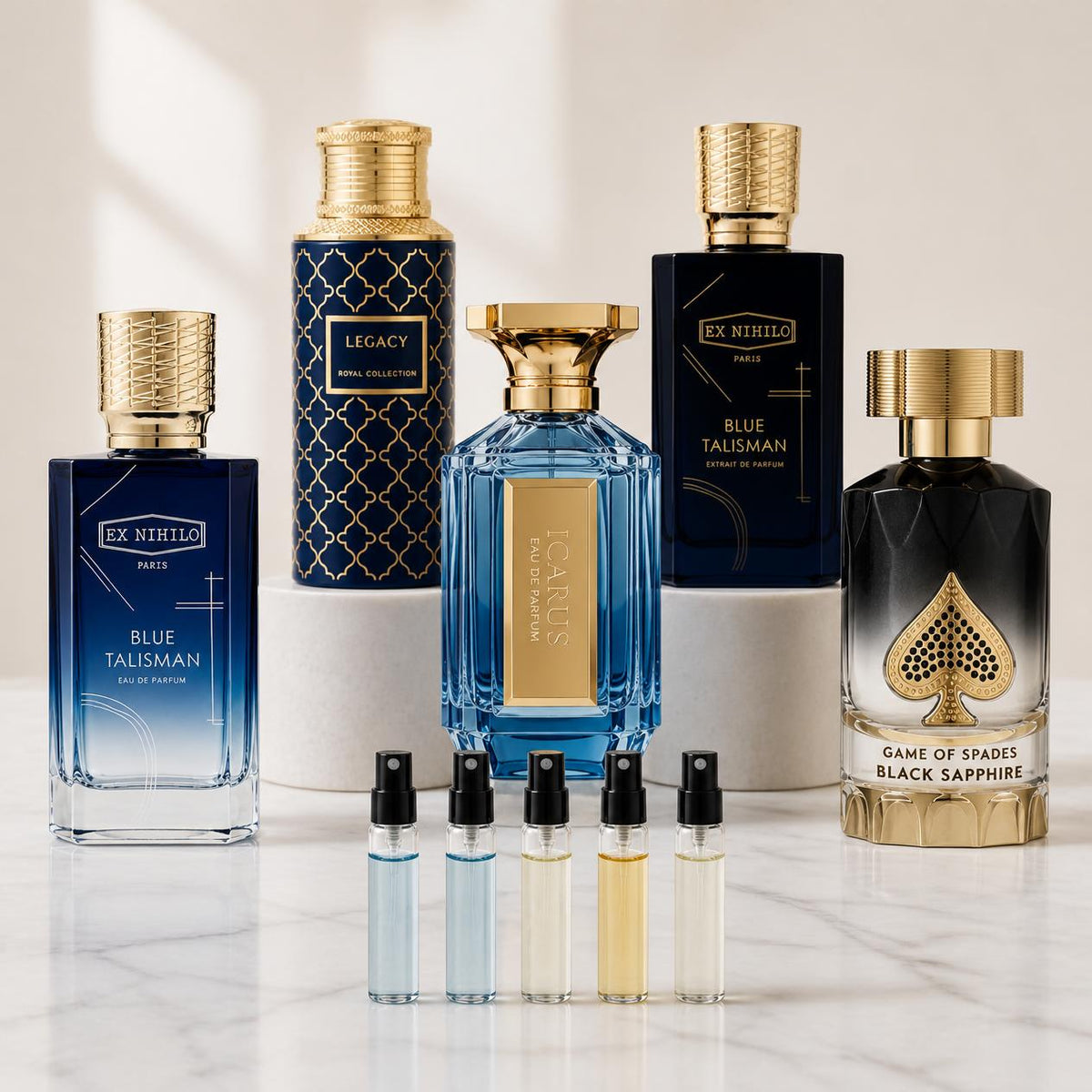 I'm Blue sample set: Blue Talisman EDP, Blue Talisman Extrait, Legacy, Icarus and Black Sapphire 2ml decants
