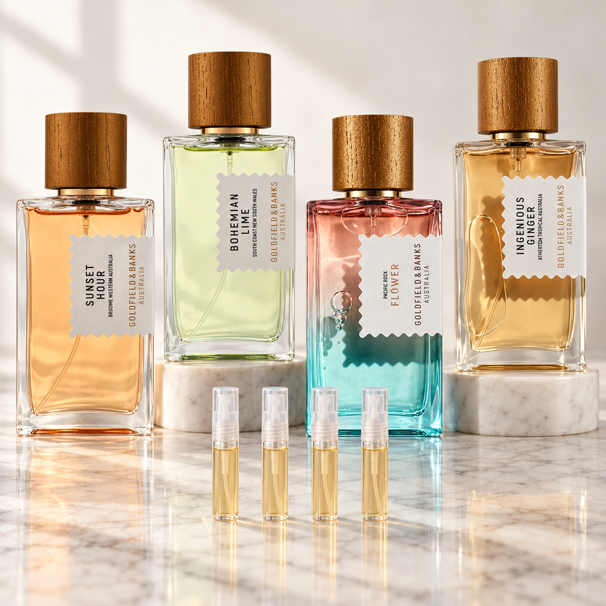 Goldfield Gal discovery set with four Goldfield & Banks 2ml perfume samples