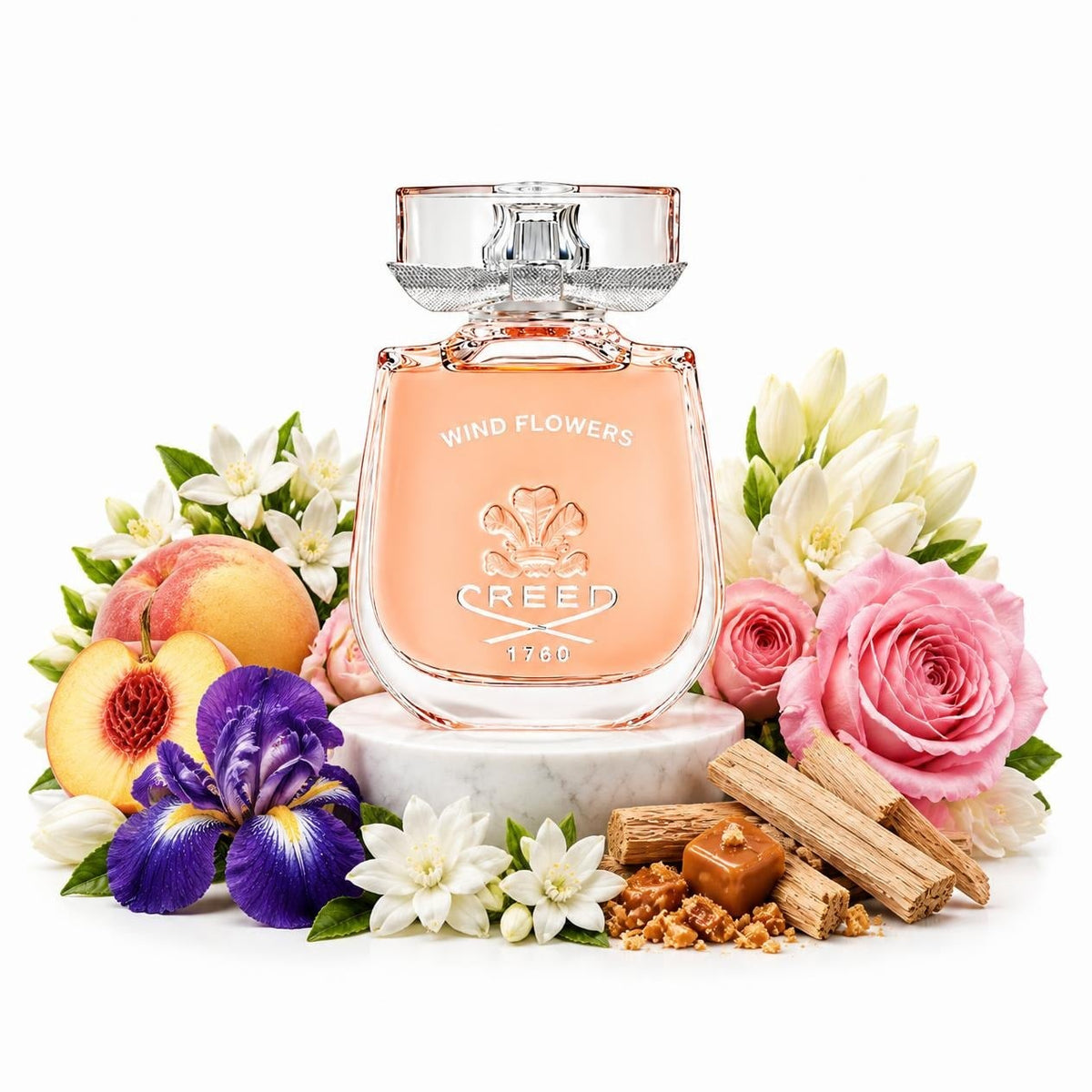 Creed Wind Flowers perfume sample decant with jasmine, orange blossom, peach, tuberose and rose