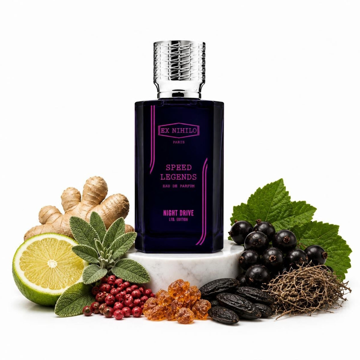 Ex Nihilo Speed Legends Night Drive perfume sample decant with bergamot, ginger, sage, blackcurrant, patchouli and tonka