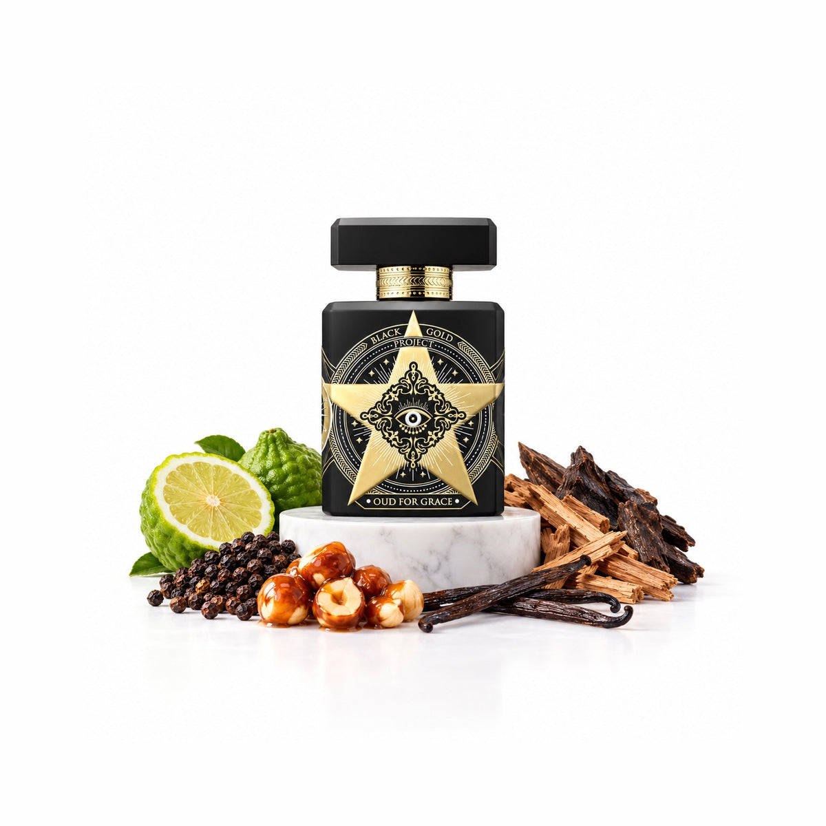 Initio Oud for Grace perfume sample with bergamot, black pepper, praline hazelnuts, vanilla, sandalwood and oud