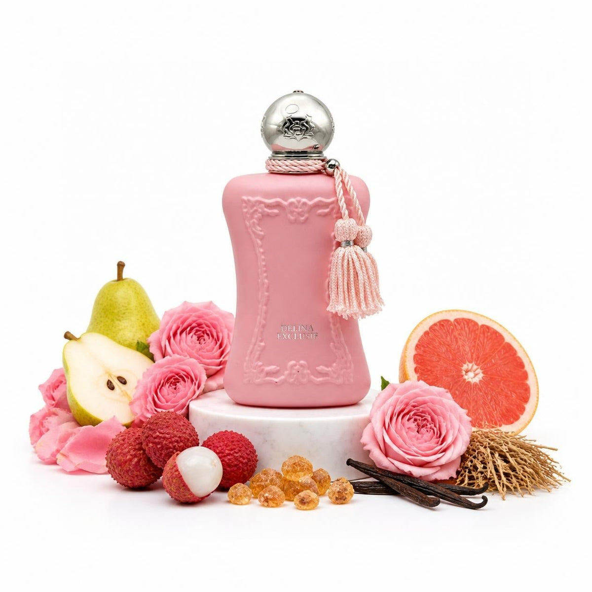 Parfums de Marly Delina Exclusif perfume sample decant with pear, lychee, grapefruit, rose and vanilla