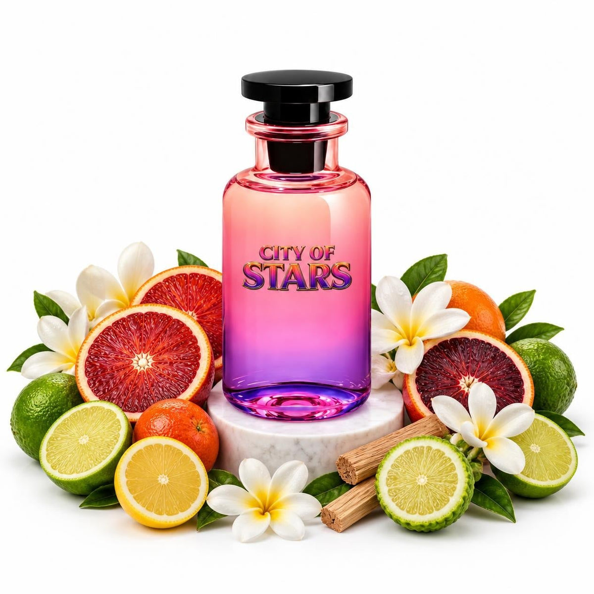 City of Stars perfume sample decant with blood orange, lime, lemon, tiare flower and sandalwood