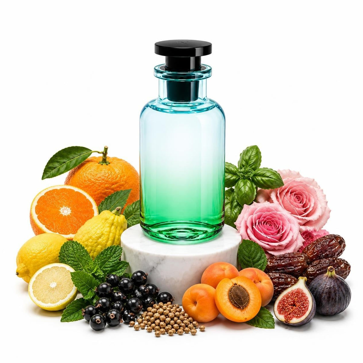 Pacific Chill perfume sample decant with citrus, mint, blackcurrant, apricot, basil, dates and fig